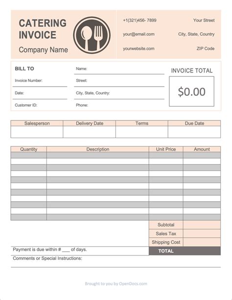 Printable Free Catering Invoice Template