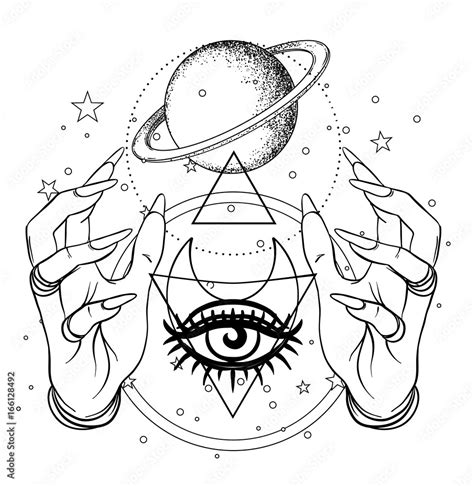 Human Hand With Space And Sacred Geometry Symbols Dotwork Tattoo Flash