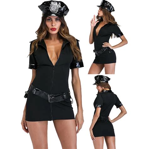 Adult Sexy Cop Officer Costume Leather Traffic Police Uniform Halloween