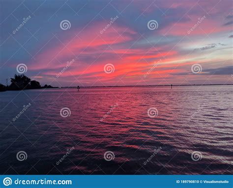 Red Sunset View Gorgeous Panorama Scenic With Blue Cloud Sky Of