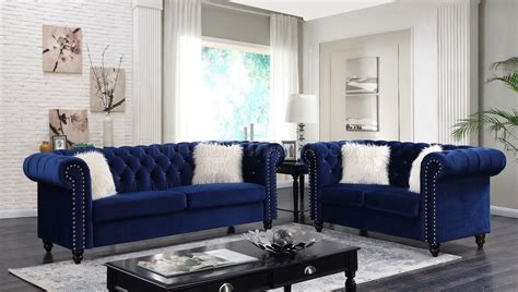 Stylish modern & contemporary seating in uae. Maya Sofa & Loveseat Set in Royal Blue Velvet Fabric w/Options