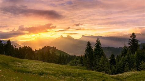 Download Wallpaper 2560x1440 Mountains Sunset Lawn Trees Landscape