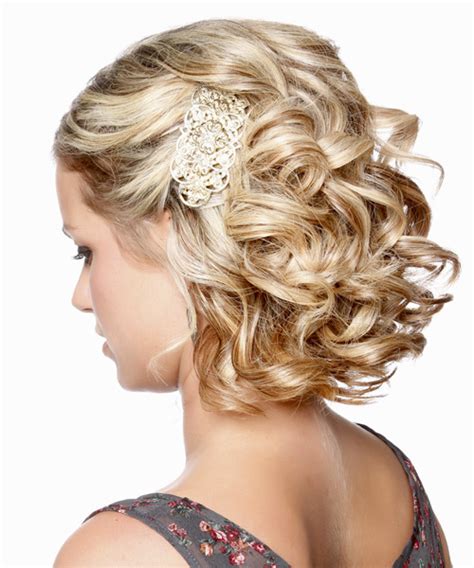 This formal hairstyle for short hair is a chic way to style short hair. Medium Curly Caramel Blonde Updo