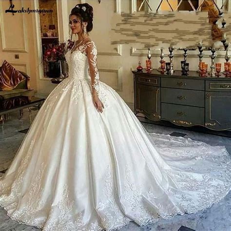 Luxury Long Sleeve Muslim Satin Wedding Dress Ball Gown Roycebridal