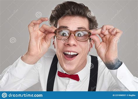 Funny Male Nerd Adjusting Glasses Stock Image Image Of Adjust Vision