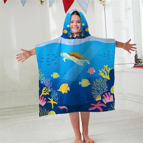 Kids Hooded Towel Poncho Sea Creatures Design Childrens Bathrobe Swim