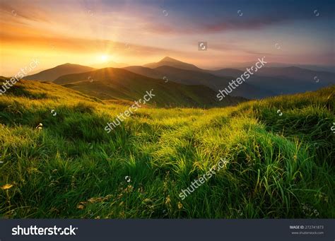 Mountain Valley During Sunrise Natural Summer Landscape Stock Photo