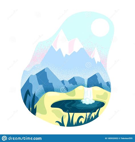 Wild Nature Landscape With Mountain Waterfall And Lake Flat Vector
