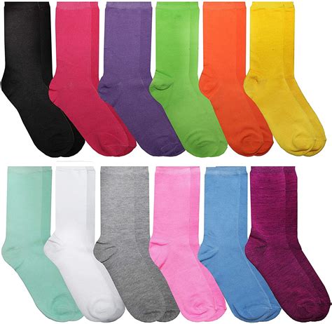 12 Pairs Of Womens Casual Crew Socks Cotton Colorful Fun Patterns Women Solid Dress Sock 12