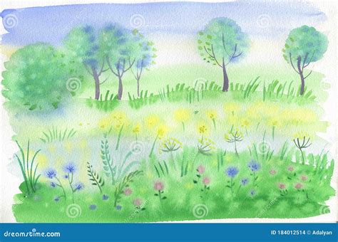 Watercolor Realistic Landscape Meadow With Flowers And Trees Summer