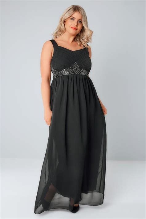 Black Chiffon Maxi Dress With Embellished Waist Plus Size 16 To 32