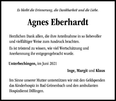 Traueranzeigen Von Agnes Eberhardt Allg Uer Zeitung