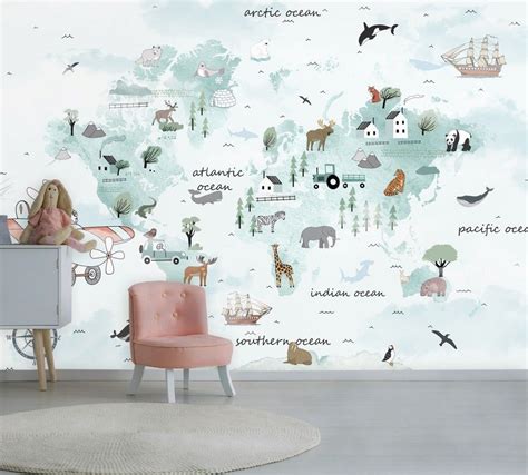 Kids Blue World Map With Cute Animals With Flying Rabbit Wallpaper