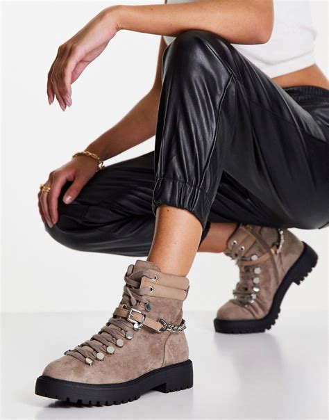 asos design arabelle chain trim hiker boots in taupe neutral modesens