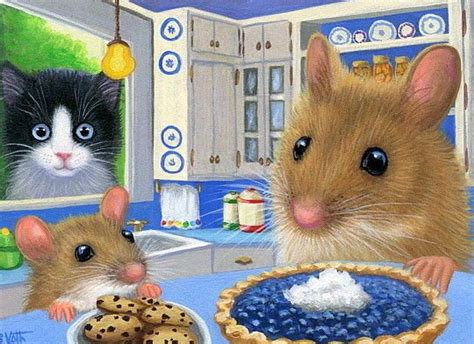 Mouse Mice Kitten Cat Kitchen Pie Cookies Baking Original Aceo Painting
