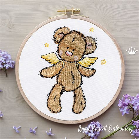 Cute Angel Teddy Bear Machine Embroidery Design 4 Sizes Royal