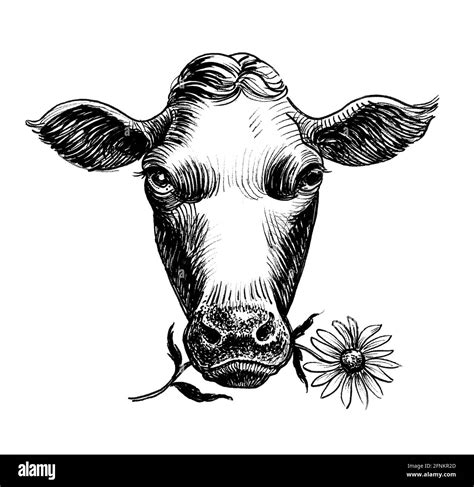 Cabeza De Vaca Comiendo Una Flor Dibujo En Blanco Y Negro Con Tinta