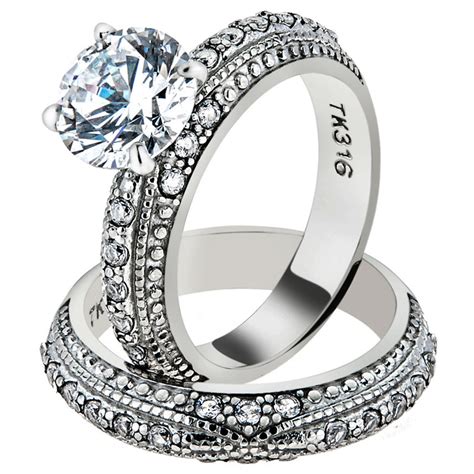 Artk1228 Stainless Steel 325 Ct Round Cut Cz Vintage Wedding Ring Set Womens Size 5 10