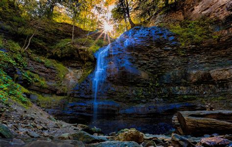 Wallpaper The Sun Rays Trees Rock Stones Waterfall Moss Canada