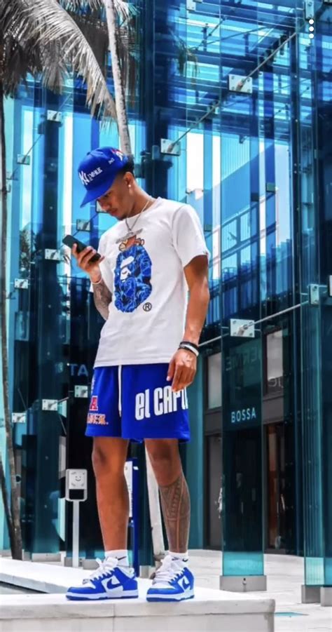 Blue Themed Summer Streetwear Outfit Blue Dunks White And Blue Bape