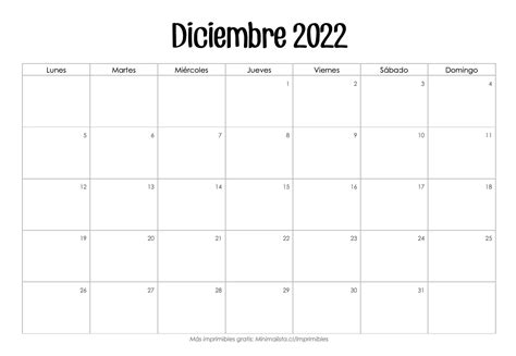 Calendario Diciembre 2022 Para Imprimir Gratis