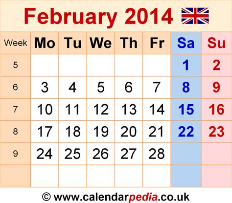 Calendar February 2014 Uk With Excel Word And Pdf Templates