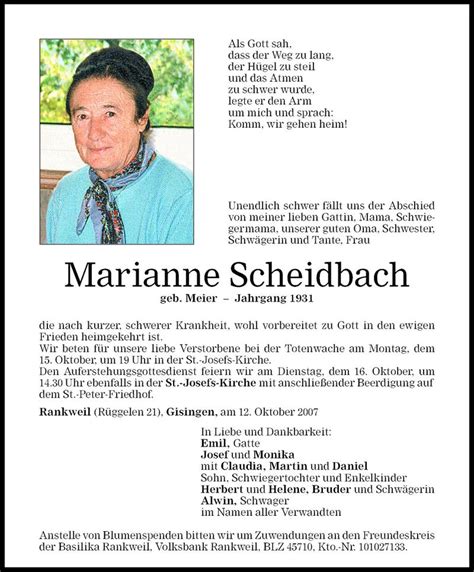 Todesanzeigen Von Marianne Scheidbach Todesanzeigen Vorarlberger