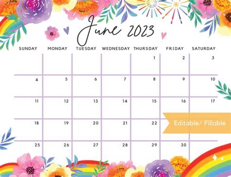 Fillable June 2023 Calendar Rainbow Summer Floral Printable Etsy Ireland