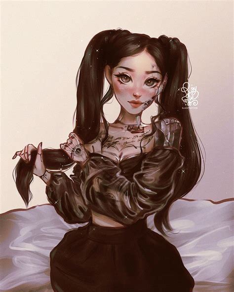 A Drawing Of A Woman With Black Hair And Tattoos On Her Chest Holding A Cup