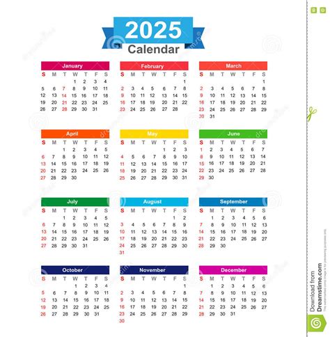 2025 Year Calendar Isolated On White Background Vector Illustration