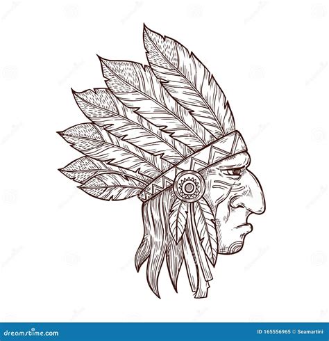 Native Indian Chief Head In Feather Headdress Stock Vector
