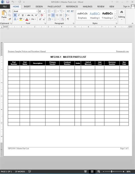 Spare Parts List Template Excel