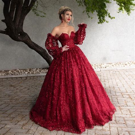 dark red ball gown prom formal dress unique detachable long sleeves burgundy engagement dress
