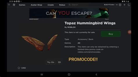 New Topaz Hummingbird Wings Promo Code Roblox Youtube