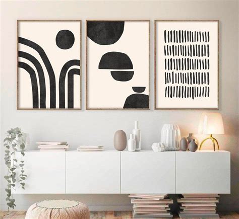 Abstract Geometric Print Set Of 3 Prints Beige And Black Art Etsy In
