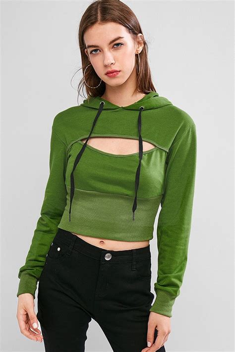 Drawstring Cut Out Ribbed Hem Hoodie Deep Green Clothing Style