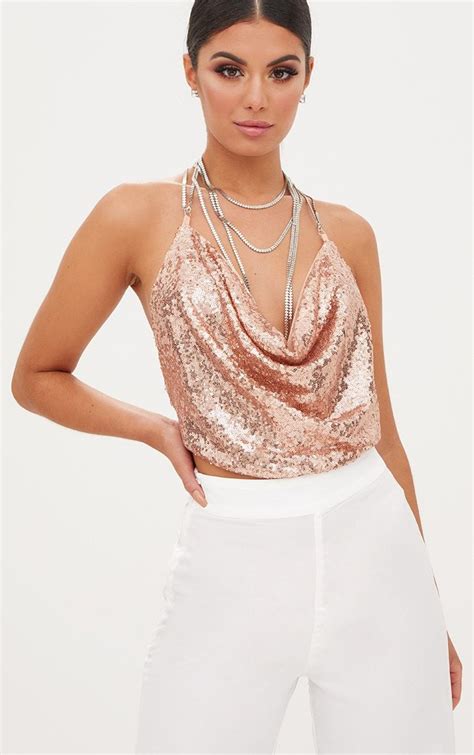 Rose Gold Cowl Neck Sequin Chain Crop Top Gold Tops Outfit Glitter