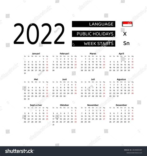 Vector Illustration Simple Calendar Indonesia 2022 เวกเตอร์สต็อก ปลอด