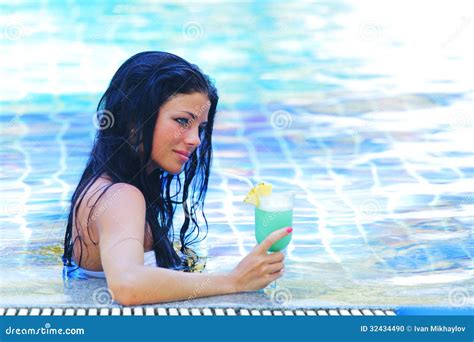 Woman In Swimming Pool With Cocktail Stock Photo Image Of Leisure