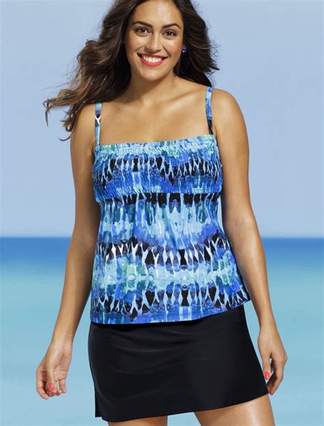 Shore Club Plus Size Illusion Smocked Slit Skirtini Plus Size Swimwear