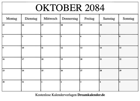 Kalender Oktober 2084