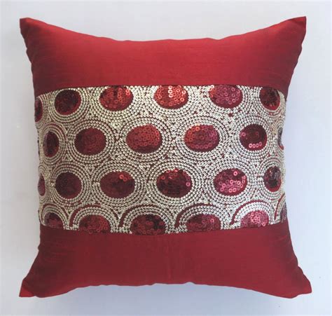 Red Silk Taffeta Cushion Cover With Sequin By Comfyheavenpillows