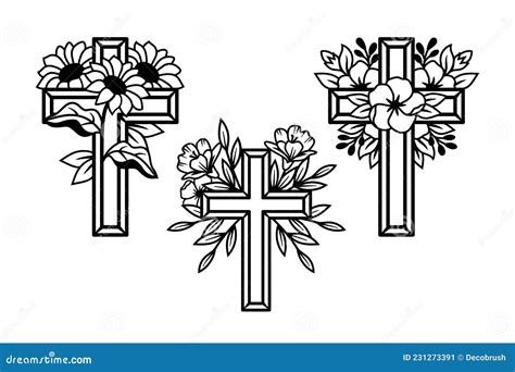 Religious Flower Crosses Set Floral Cross Faith Cross Line Drawing