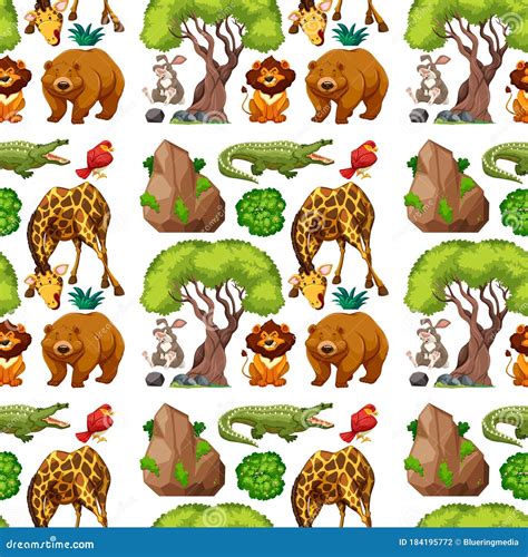 Wild Animal And Tree Seamless Pattern Stock Vector Illustration Of