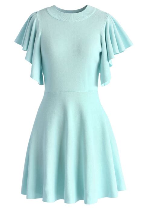 Pastel Blue Knitted Skater Dress With Frilling Sleeves Retro Indie