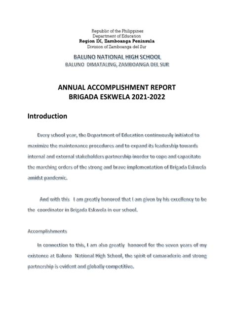 Brigada Eskwela Annual Accomplishment Report Pdf