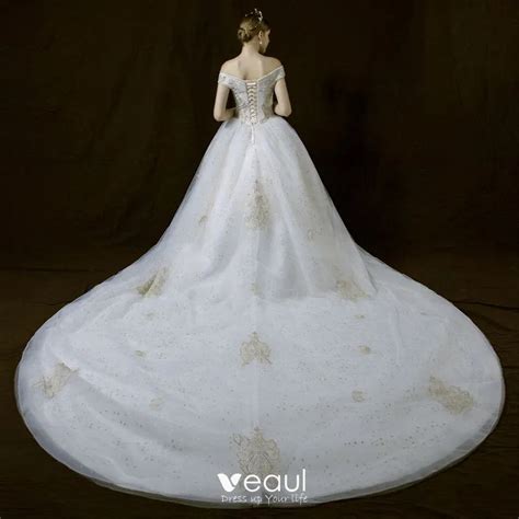 Elegant Ivory Wedding Dresses 2018 Ball Gown Off The Shoulder V Neck