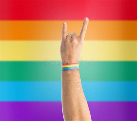 Hand With Gay Pride Rainbow Wristband Shows Rock Stock Image Image Of Lgbt Celebrate 115064135