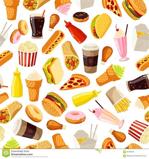 Seamless Pattern With Cartoon Fast Food Vector