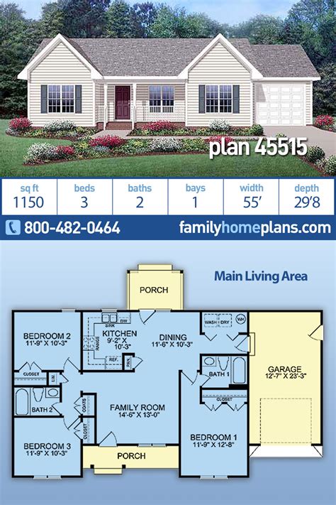 House Plan 45515 Ranch Style With 1150 Sq Ft 3 Bed 2 Bath